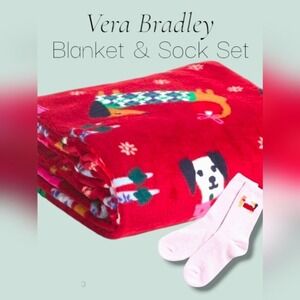 Vera Bradley Fleece Blanket Sock Set Dogs Holiday Hounds Red Plush Cozy‎ 50x80